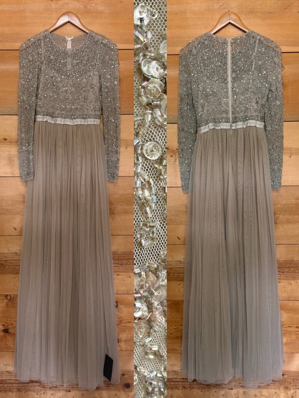 Needle and thread Beaded embellished Long Sleeve Tulle dress nude Taupe Gray